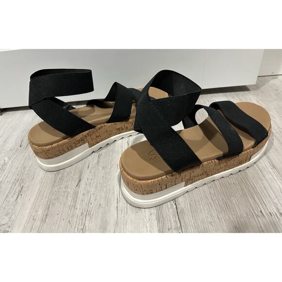 Skechers Luxe Foam Sandals Size 8 Boho Cork Wedge Heel Black Stretchy Straps - Picture 6 of 9